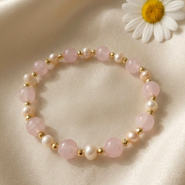 Pembe Kuvars Doğal Taş Bileklik -  Hematit Detaylı Kadın Bileklik Sevgi ve Dişil Enerji Temalı