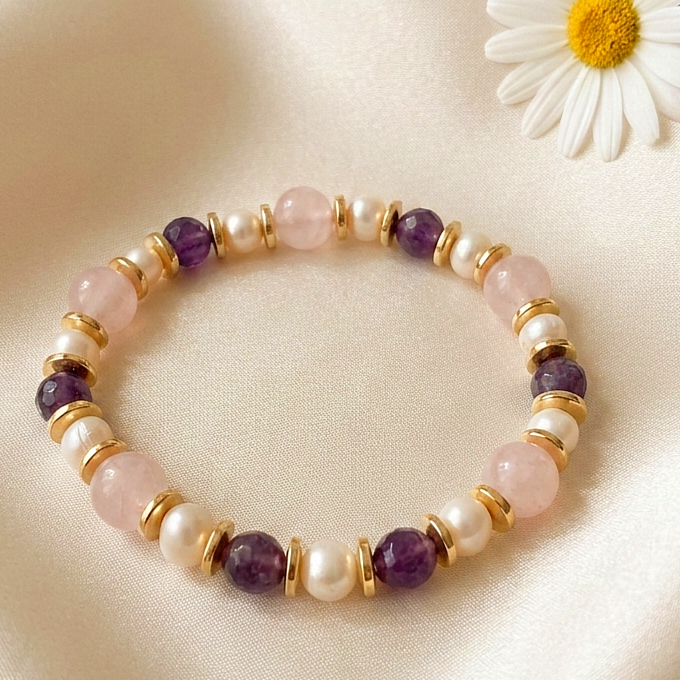 Ametist Pembe Kuvars ve İnci Doğal Taş Bileklik -  Hematit Detaylı Kadın Bileklik Huzur, Sevgi ve Dişil Enerji Temalı