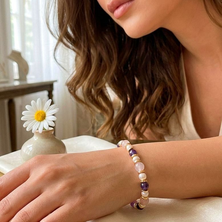 Ametist Pembe Kuvars ve İnci Doğal Taş Bileklik -  Hematit Detaylı Kadın Bileklik Huzur, Sevgi ve Dişil Enerji Temalı