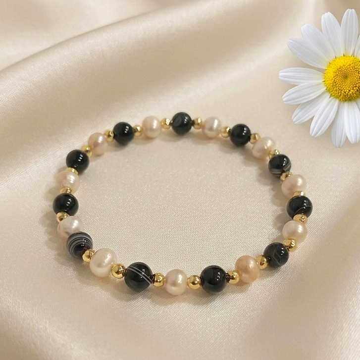 Siyah Akik Doğal Taş Bileklik -  Hematit Detaylı Kadın Bileklik Nazar ve Dişil Enerji Temalı