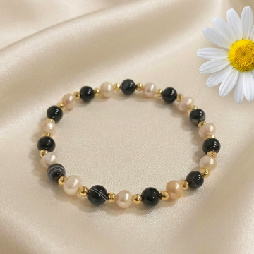 Siyah Akik Doğal Taş Bileklik -  Hematit Detaylı Kadın Bileklik Nazar ve Dişil Enerji Temalı