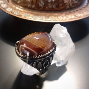 Akik Taşlı Tasarım Erkek Gümüş Yüzük