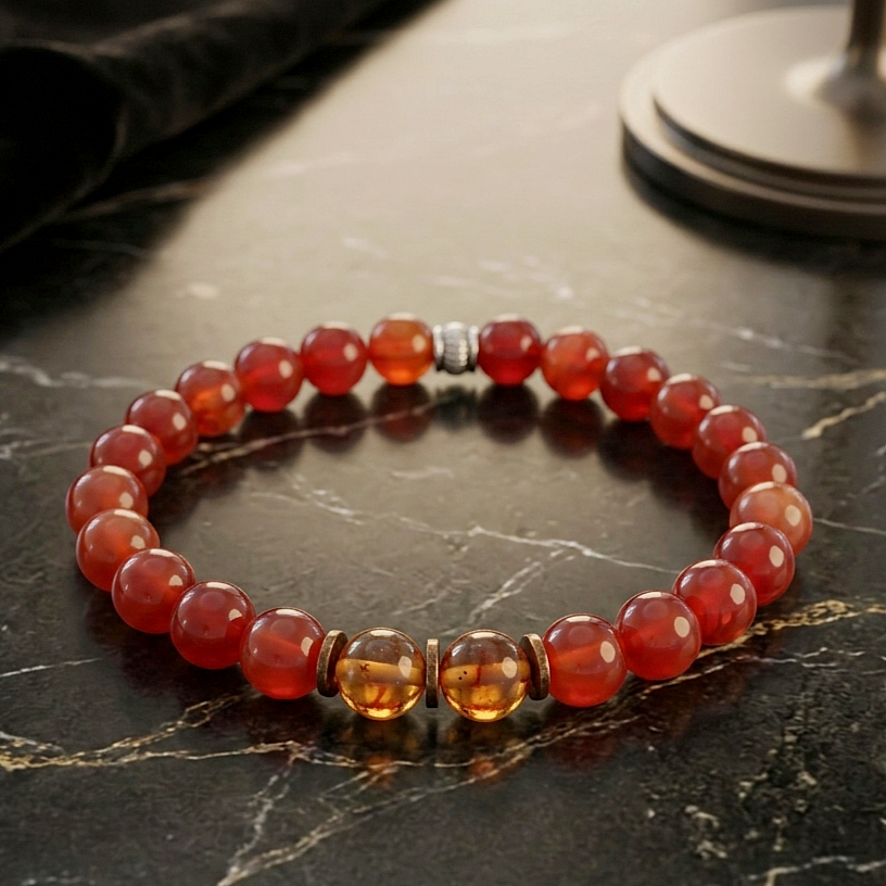 Akik ve Kehribar Doğal Taş Bileklik - Hematit Detaylı Bileklik Nazar ve Topraklanma Temalı