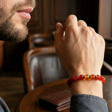 Akik ve Kehribar Doğal Taş Bileklik - Hematit Detaylı Bileklik Nazar ve Topraklanma Temalı