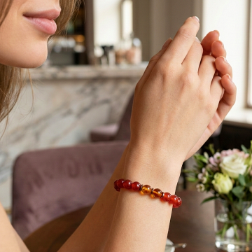 Akik ve Kehribar Doğal Taş Bileklik - Hematit Detaylı Bileklik Nazar ve Topraklanma Temalı