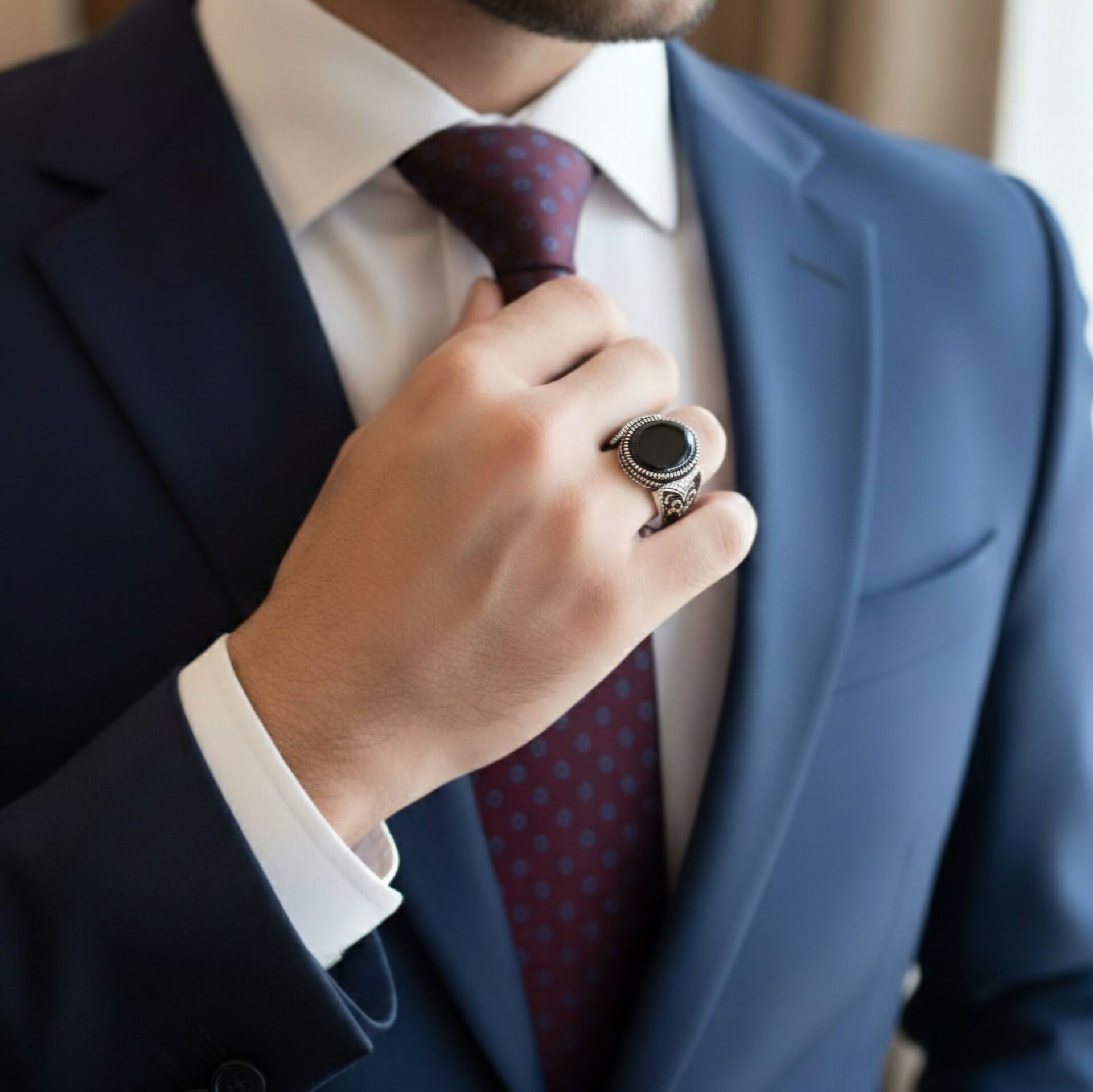 Siyah Taşlı Tasarım Erkek Gümüş Yüzük