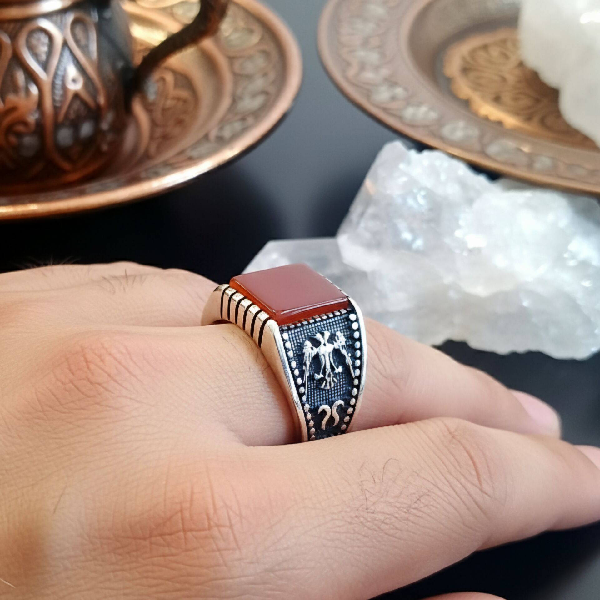Akik Taşlı Selçuklu Çift Başlı Kartal Tasarım Erkek Gümüş Yüzük