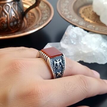 Akik Taşlı Selçuklu Çift Başlı Kartal Tasarım Erkek Gümüş Yüzük