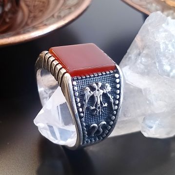Akik Taşlı Selçuklu Çift Başlı Kartal Tasarım Erkek Gümüş Yüzük