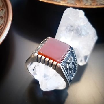 Akik Taşlı Selçuklu Çift Başlı Kartal Tasarım Erkek Gümüş Yüzük