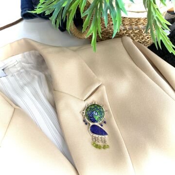 Tavus Kuşu Mineli Gümüş Broş