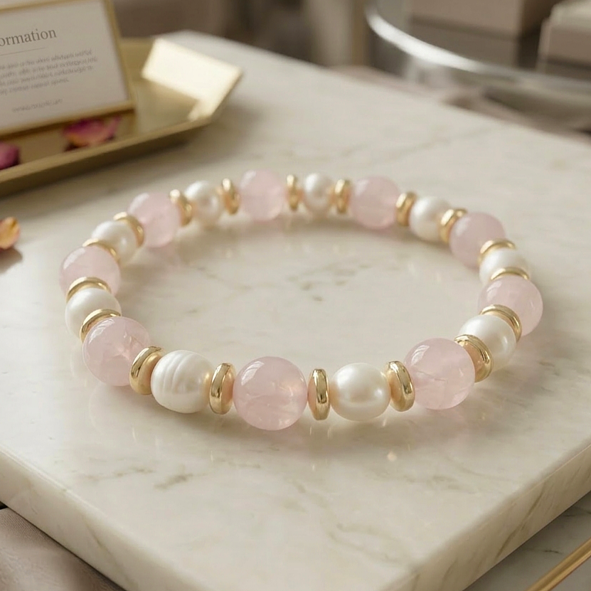 Pembe Kuvars ve İnci Doğal Taş Bileklik -  Hematit Detaylı Kadın Bileklik Sevgi ve Zarafet Temalı