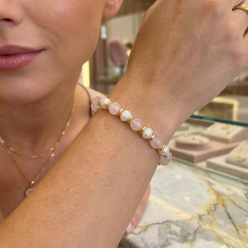 Pembe Kuvars ve İnci Doğal Taş Bileklik -  Hematit Detaylı Kadın Bileklik Sevgi ve Zarafet Temalı