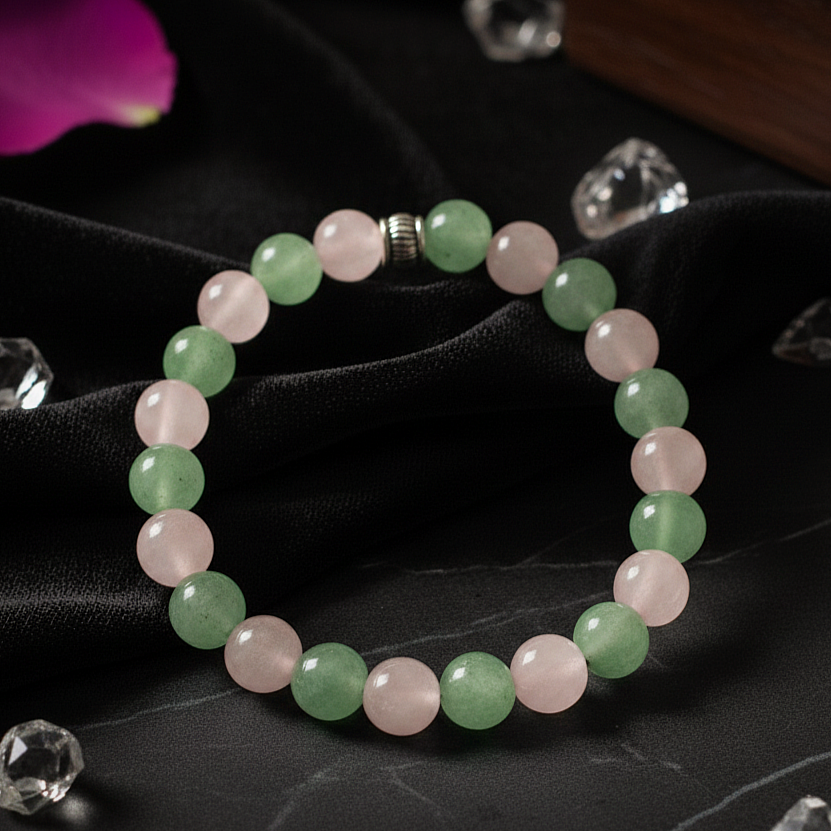 Pembe Kuvars ve Aventurin Doğal Taş Bileklik - İlişkilerde Uyum, Hayatta Şans Temalı