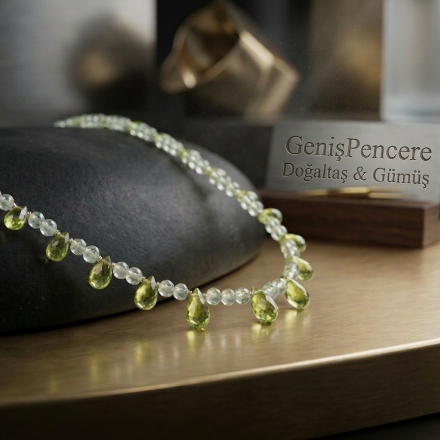 Prehnit ve Damla Kesim Zebercet Tasarım Gümüş Kolye