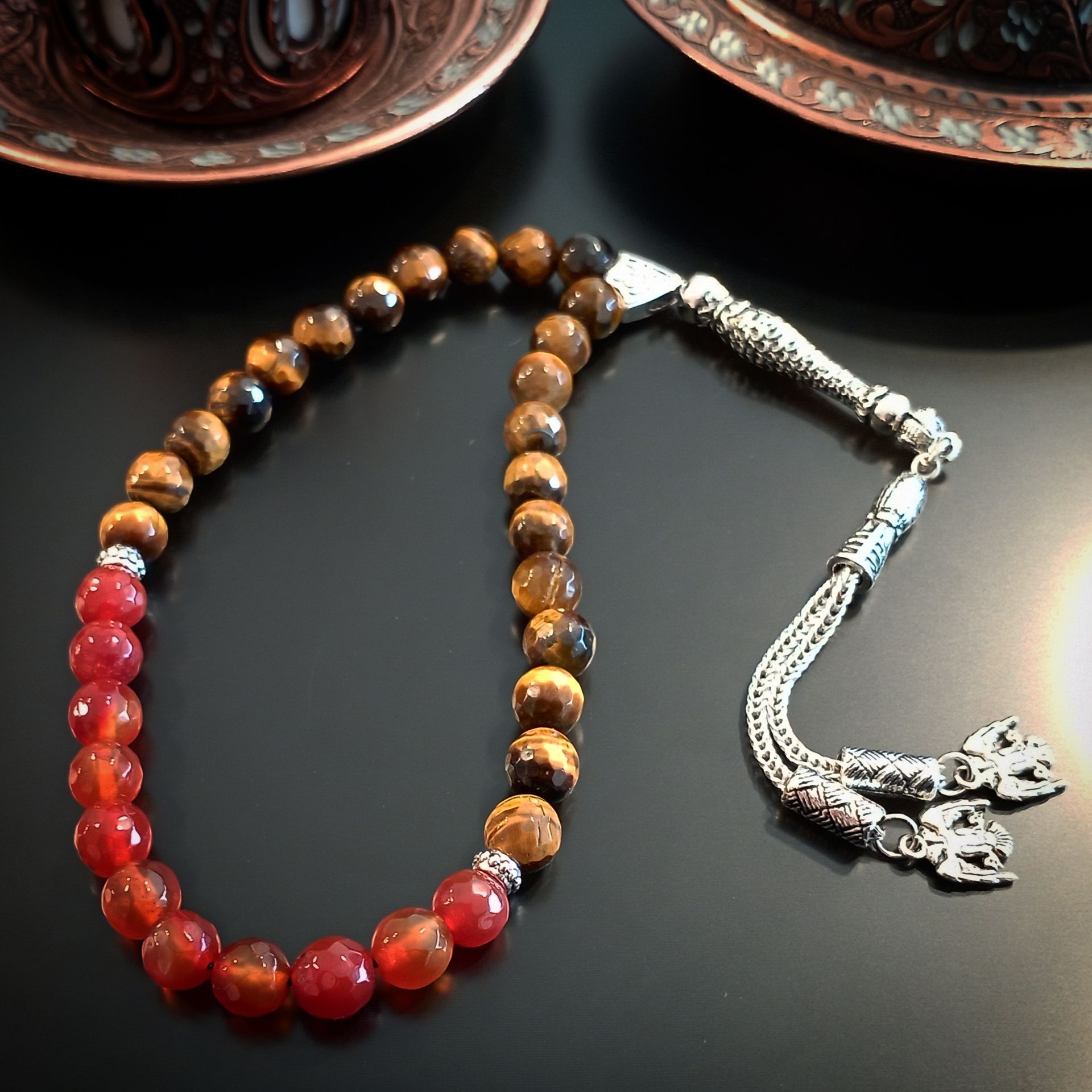 Faset Kesim Kaplangözü ve Akik Faset Kesim Doğal Taş 33 lük Tesbih