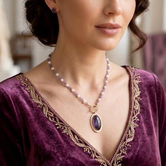 Ametist Taşlı Bakır Kolye - İnci Detaylı Kadın Kolye Huzur ve Zarafet Temalı