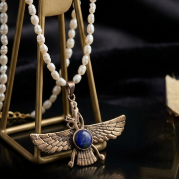 Ahura Mazda Bronz Kolye İnci ve Lapis Lazuli Taşlı Tasarım Kolye