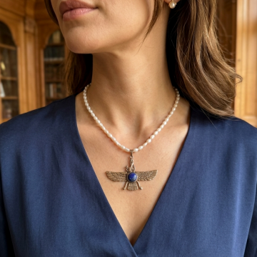 Ahura Mazda Bronz Kolye İnci ve Lapis Lazuli Taşlı Tasarım Kolye