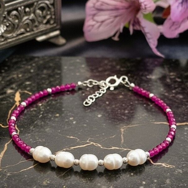 Yakut ve İnci Taşı Gümüş Bileklik