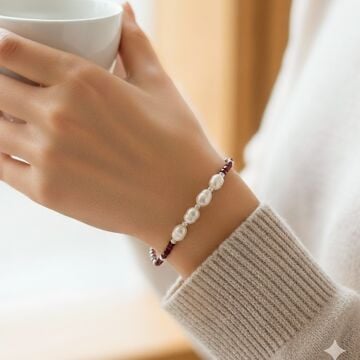 Lal (Garnet,Granat) ve İnci Taşı Gümüş Bileklik