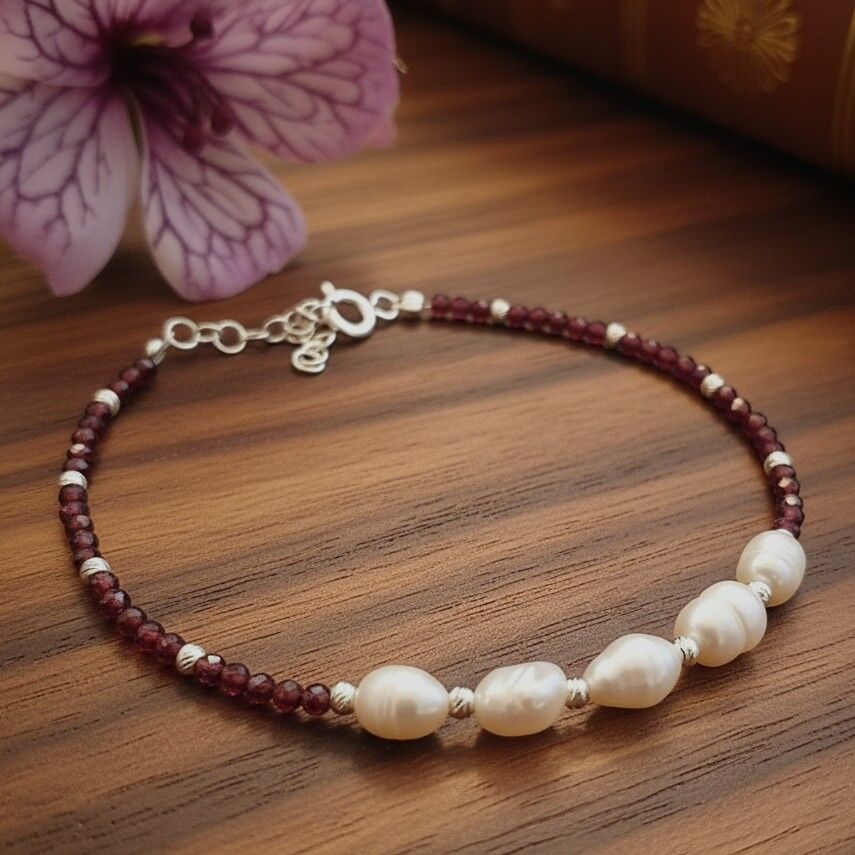Lal (Garnet,Granat) ve İnci Taşı Gümüş Bileklik