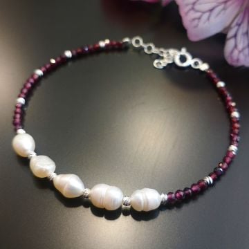 Lal (Garnet,Granat) ve İnci Taşı Gümüş Bileklik