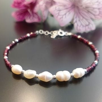 Lal (Garnet,Granat) ve İnci Taşı Gümüş Bileklik