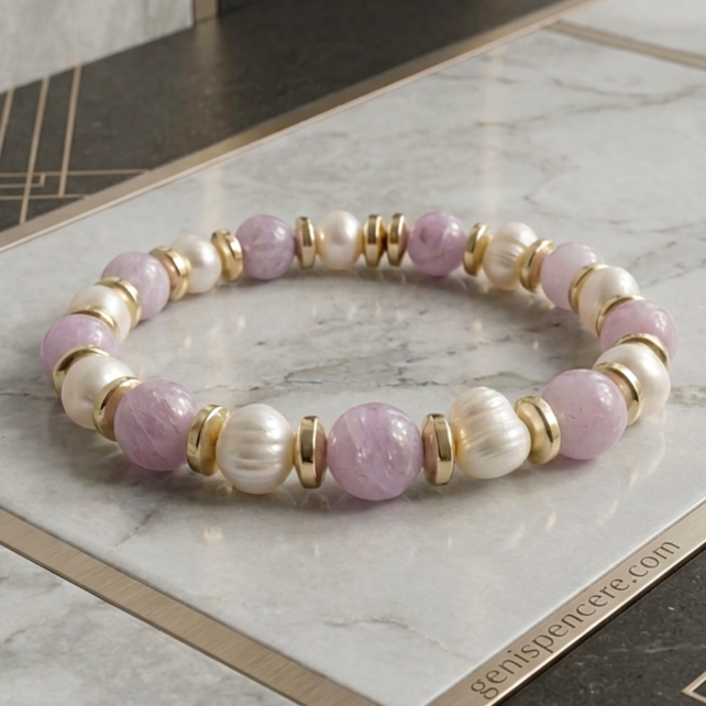 Kunzit ve İnci Bileklik - Hematit Detaylı Kadın Bileklik Sevgi, İletişim ve Zarafet Temalı