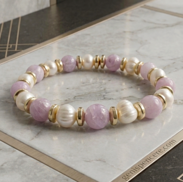 Kunzit ve İnci Bileklik - Hematit Detaylı Kadın Bileklik Sevgi, İletişim ve Zarafet Temalı