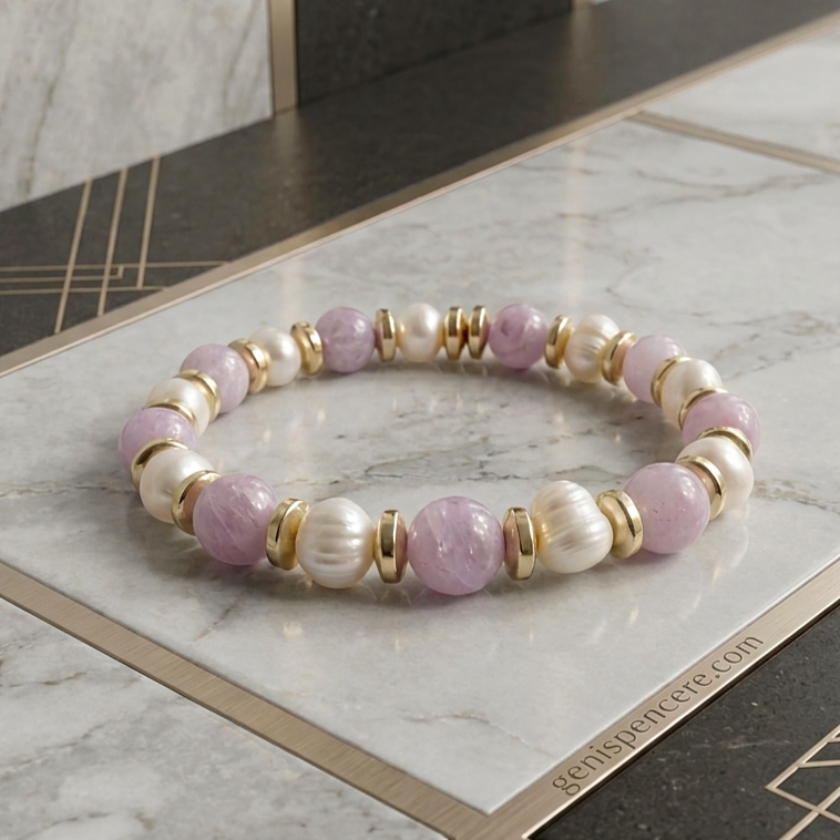 Kunzit ve İnci Bileklik - Hematit Detaylı Kadın Bileklik Sevgi, İletişim ve Zarafet Temalı