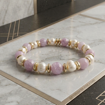 Kunzit ve İnci Bileklik - Hematit Detaylı Kadın Bileklik Sevgi, İletişim ve Zarafet Temalı