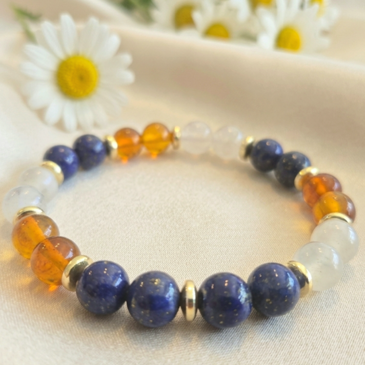 Lapis Lazuli, Aytaşı ve Kehribar Bileklik - Hematit Detaylı Bileklik