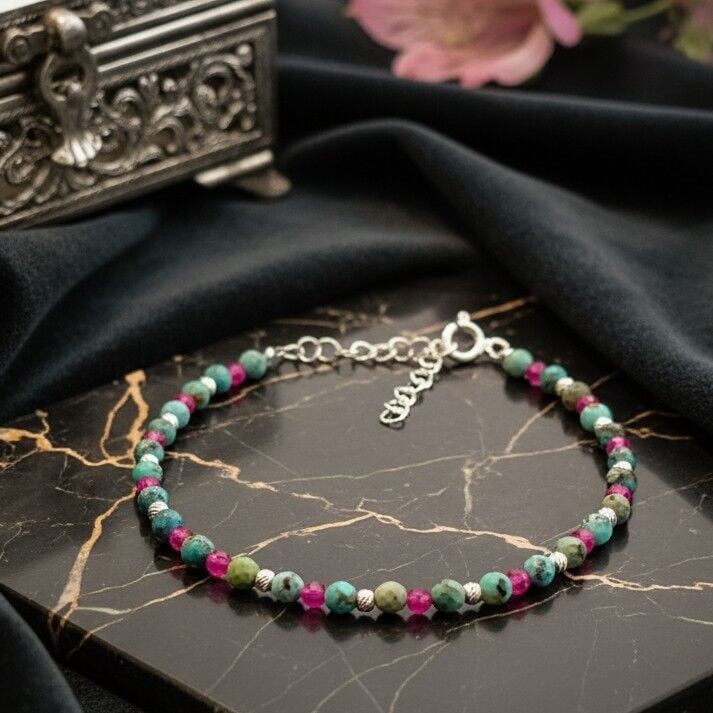 Turkuaz (Firuze) ve Yakut Tasarım Gümüş Bileklik