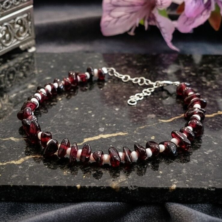 Lal (Garnet) ve Kum İnci Tasarım Gümüş Bileklik