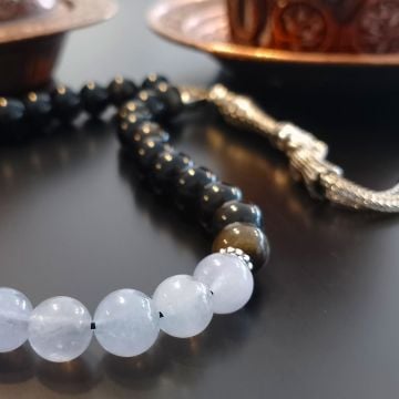 Mavi Kalsedon ve Obsidyen Tasarım Doğal Taş 33 lük Tesbih