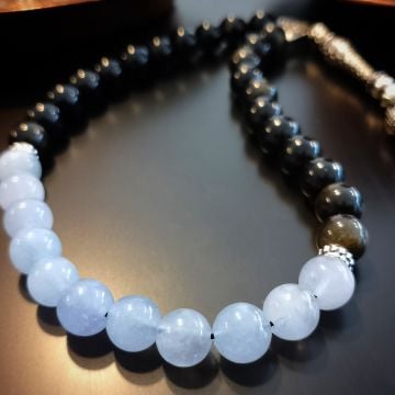 Mavi Kalsedon ve Obsidyen Tasarım Doğal Taş 33 lük Tesbih