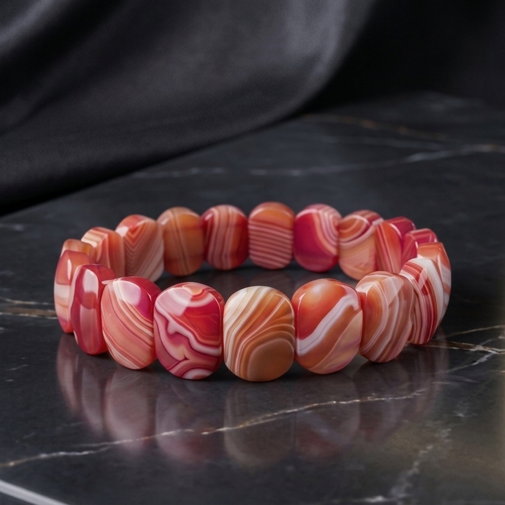 Özel Kesim Desenli Akik Doğal Taş Bileklik - Nazar ve İçsel Güven Temalı