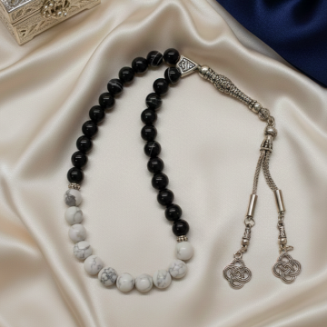 Siyah Akik ve Beyaz Havlit Tasarım Doğal Taş 33 lük Tesbih