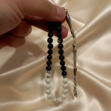 Siyah Akik ve Beyaz Havlit Tasarım Doğal Taş 33 lük Tesbih