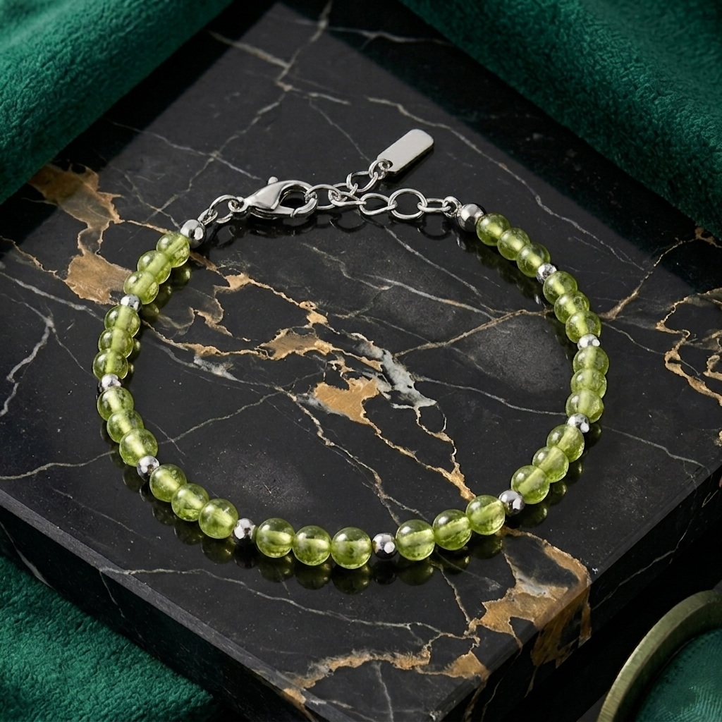 Zebercet (Peridot) ve Hematit Doğal Taş Çelik Bileklik