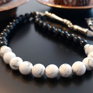 Siyah Akik ve Beyaz Havlit Tasarım Doğal Taş 33 lük Tesbih