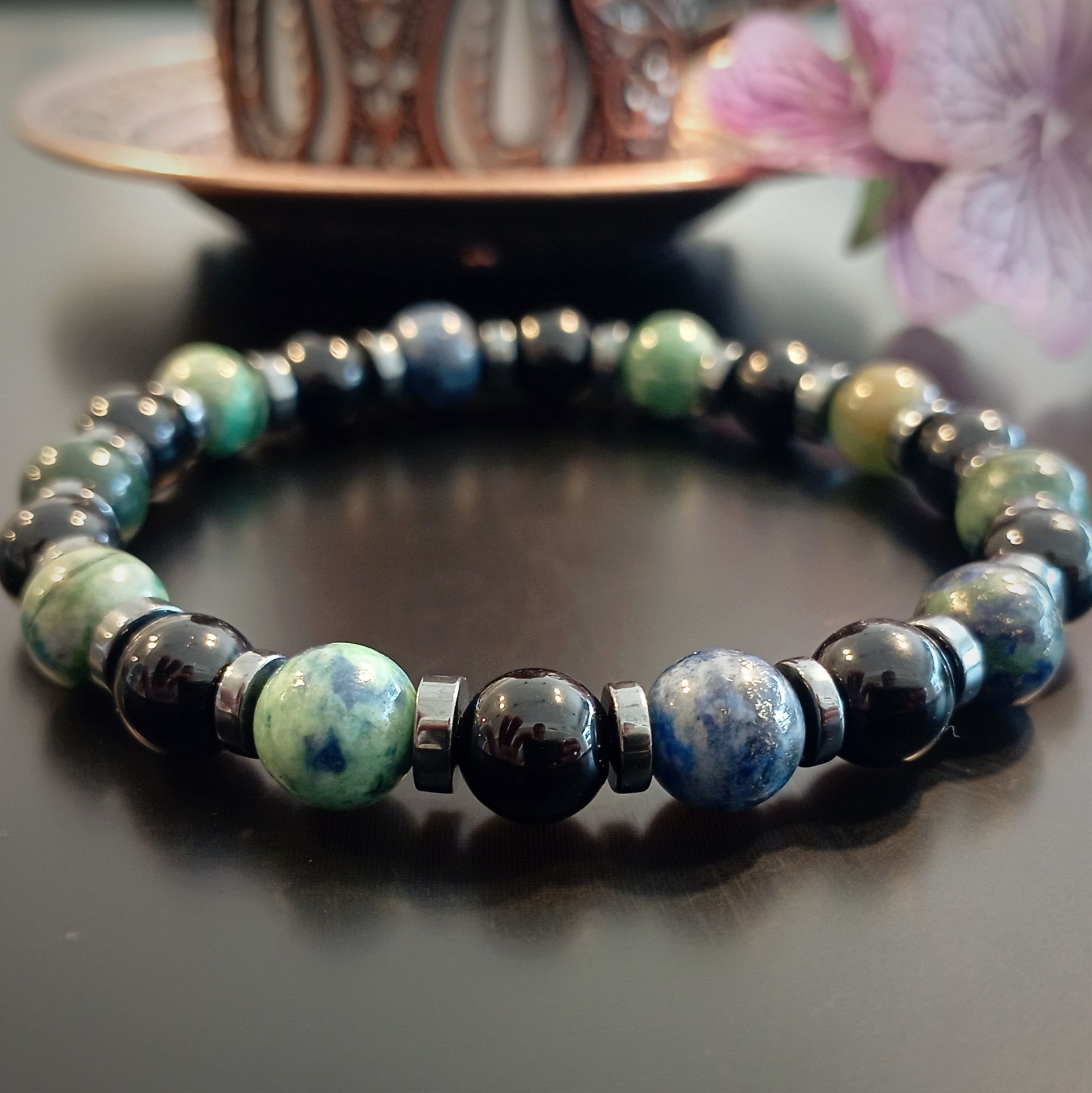 Azurit, Oniks ve Hematit Tasarım Doğal Taş Bileklik (Güç, Huzur ve Topraklama)