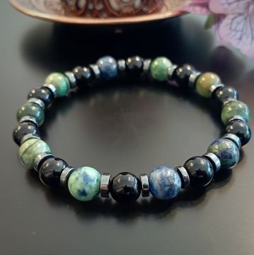 Azurit, Oniks ve Hematit Tasarım Doğal Taş Bileklik - Güç, Huzur ve Topraklama Temalı