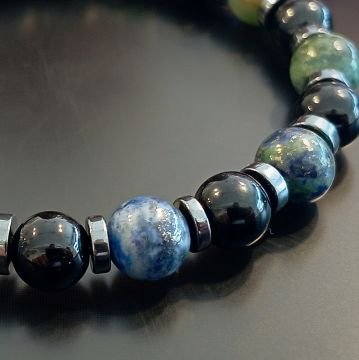 Azurit, Oniks ve Hematit Tasarım Doğal Taş Bileklik - Güç, Huzur ve Topraklama Temalı