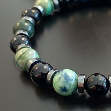 Azurit, Oniks ve Hematit Tasarım Doğal Taş Bileklik (Güç, Huzur ve Topraklama)
