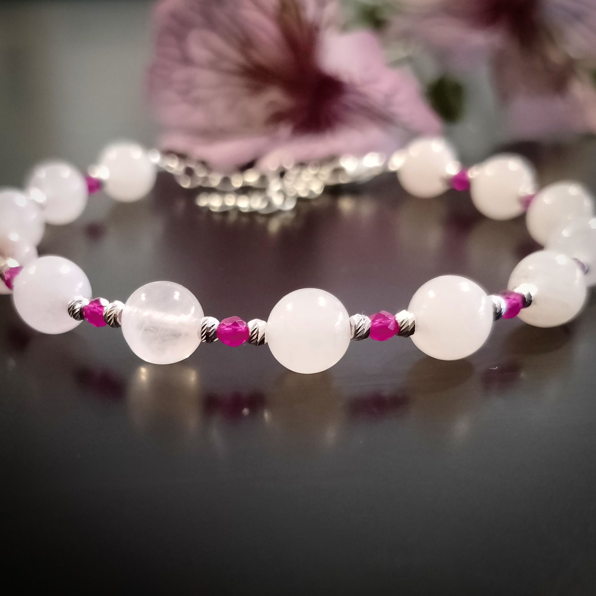 Yakut ve Pembe Kuvars Taşı Gümüş Bileklik