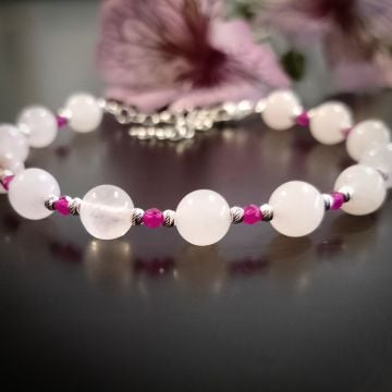Yakut ve Pembe Kuvars Taşı Gümüş Bileklik