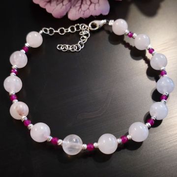 Yakut ve Pembe Kuvars Taşı Gümüş Bileklik