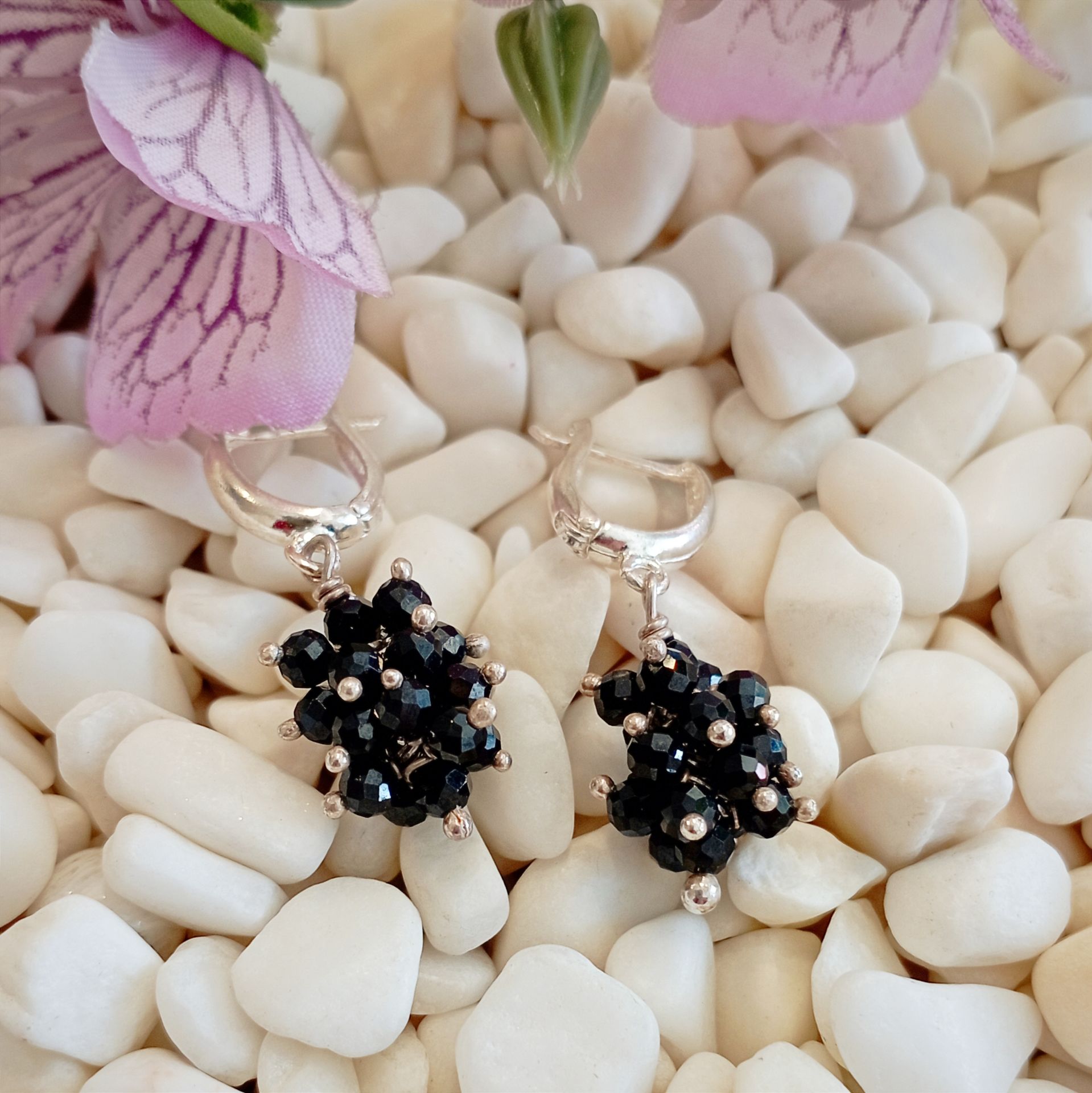 Siyah Turmalin Taşlı Salkım Gümüş Küpe